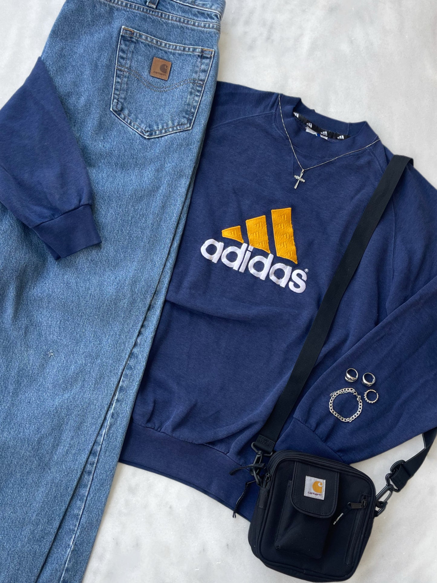 ADIDAS 1990s NAVY EMBROIDERED SPELL OUT SWEATSHIRT