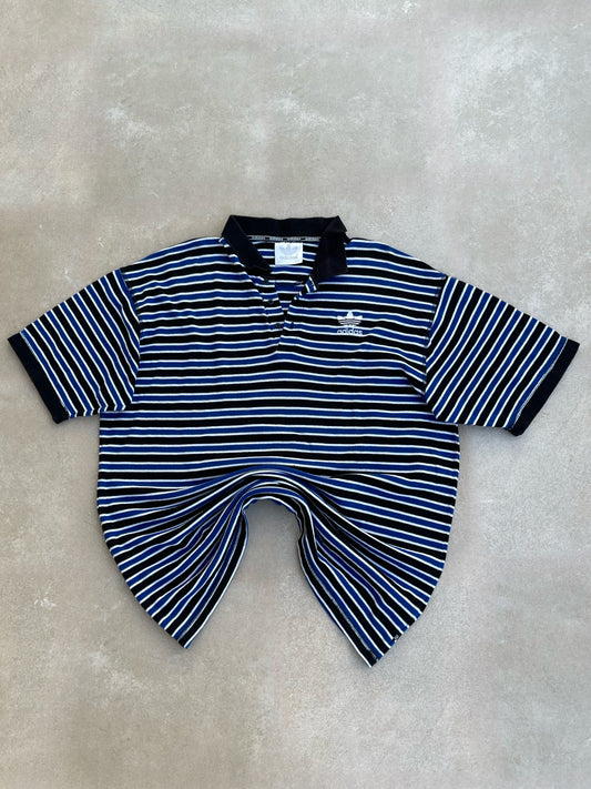 ADIDAS 1989 BLUE BLACK WHITE STRIPED POLO TEE