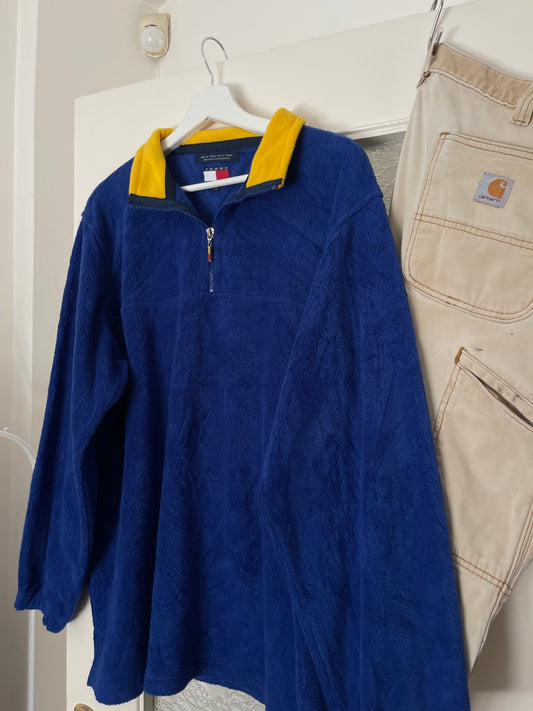 TOMMY HILFIGER BLUE 1990s FLEECE WITH YELLOW NECK DETAILS