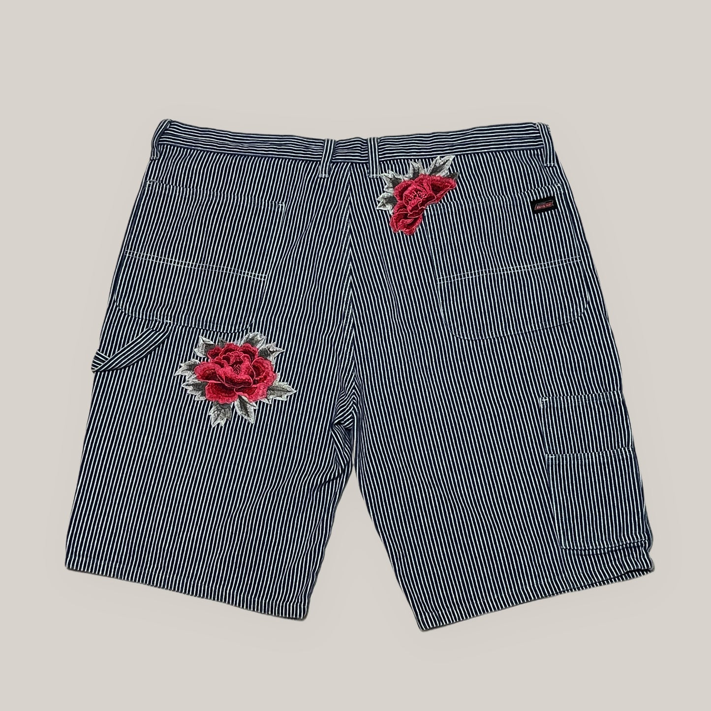 DICKIES RETRO CUSTOM STRIPED BLUE AND WHITE BERMUDA SHORTS WITH ROSES