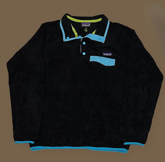 PATAGONIA SYNCHILLA SNAP-T BLACK PULLOVER FLEECE WITH BLUE DETAILS (green details only inside)