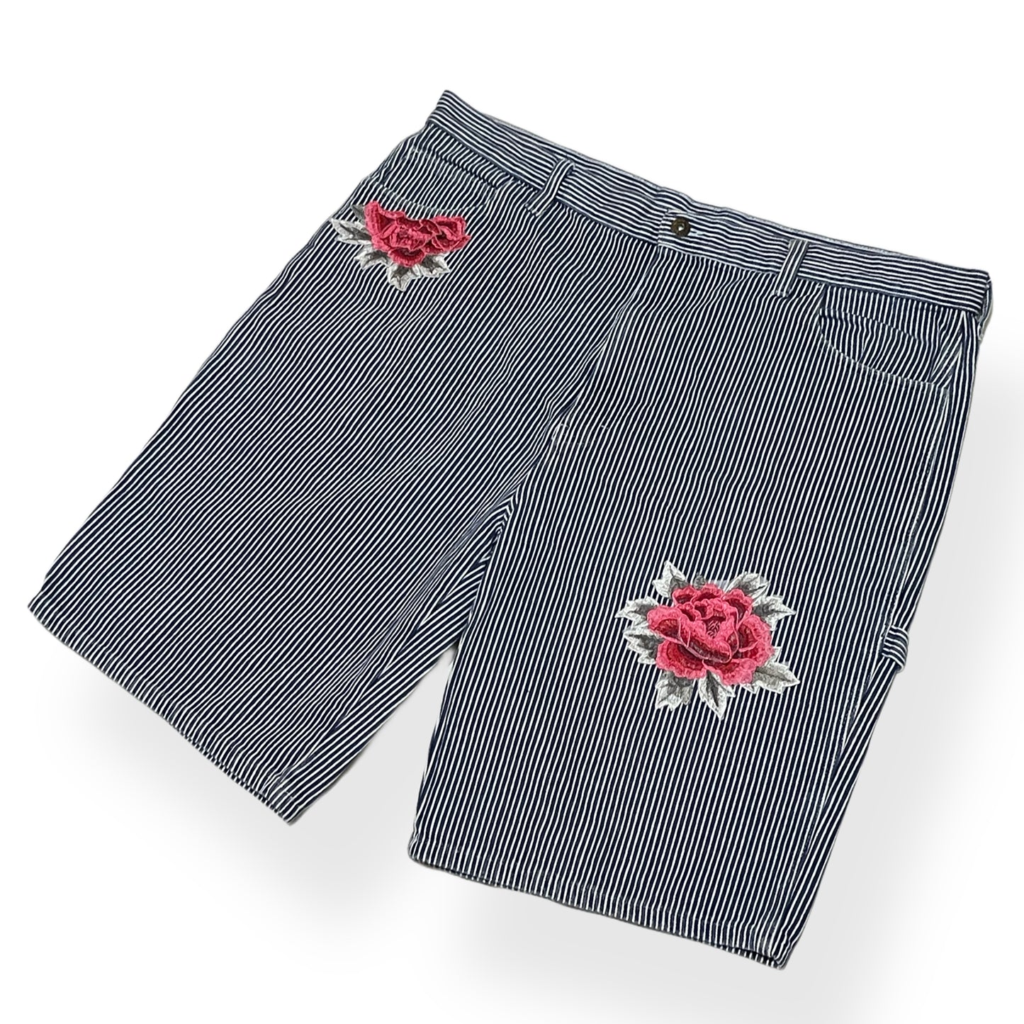 DICKIES RETRO CUSTOM STRIPED BLUE AND WHITE BERMUDA SHORTS WITH ROSES