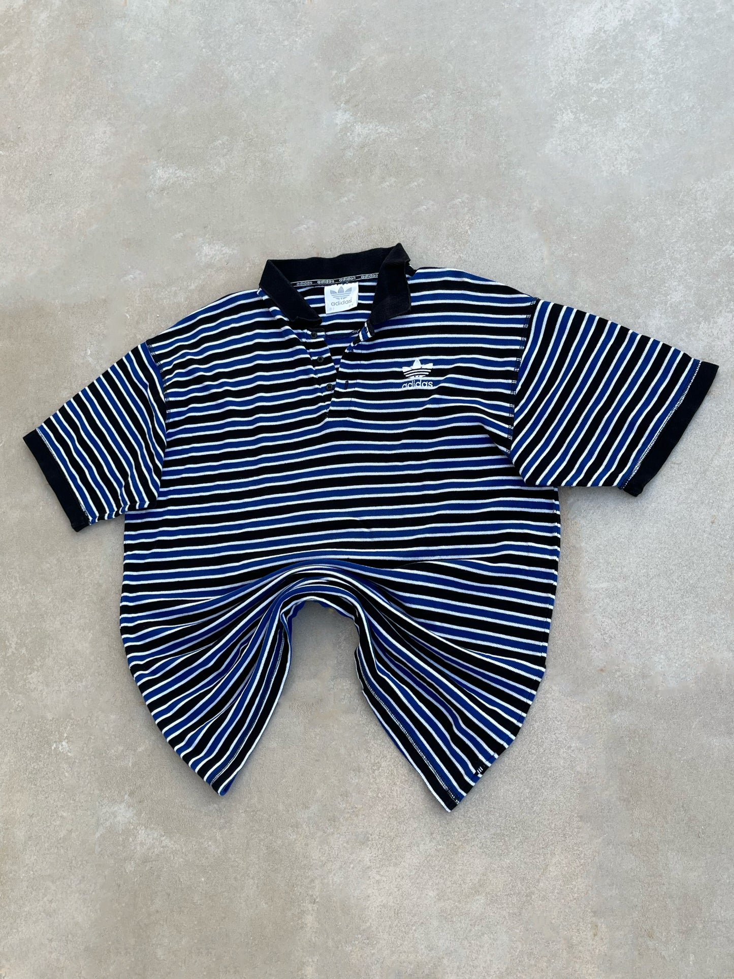 ADIDAS 1989 BLUE BLACK WHITE STRIPED POLO TEE