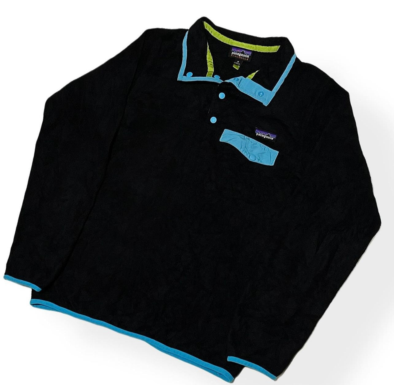 PATAGONIA SYNCHILLA SNAP-T BLACK PULLOVER FLEECE WITH BLUE DETAILS (green details only inside)