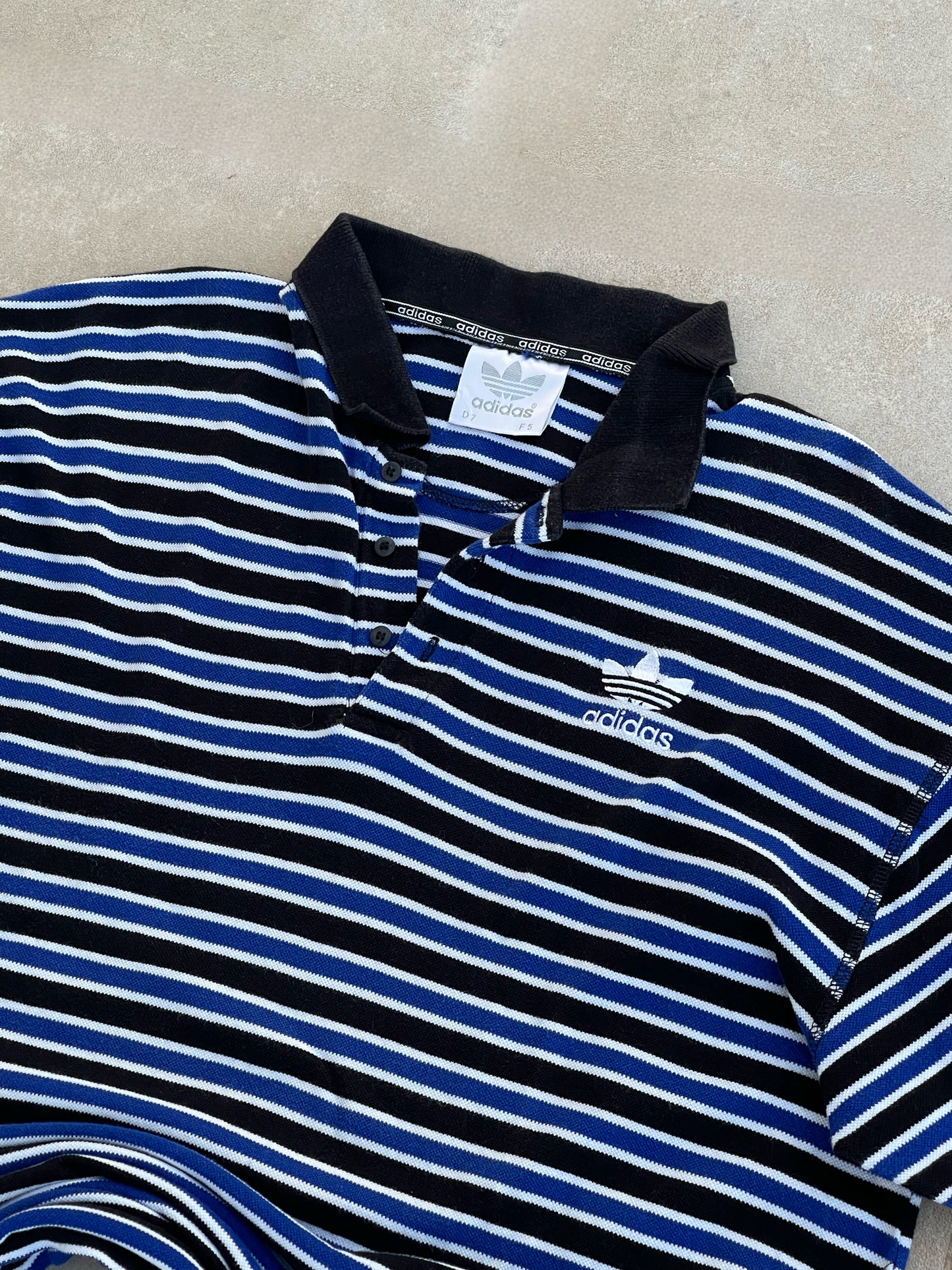 ADIDAS 1989 BLUE BLACK WHITE STRIPED POLO TEE