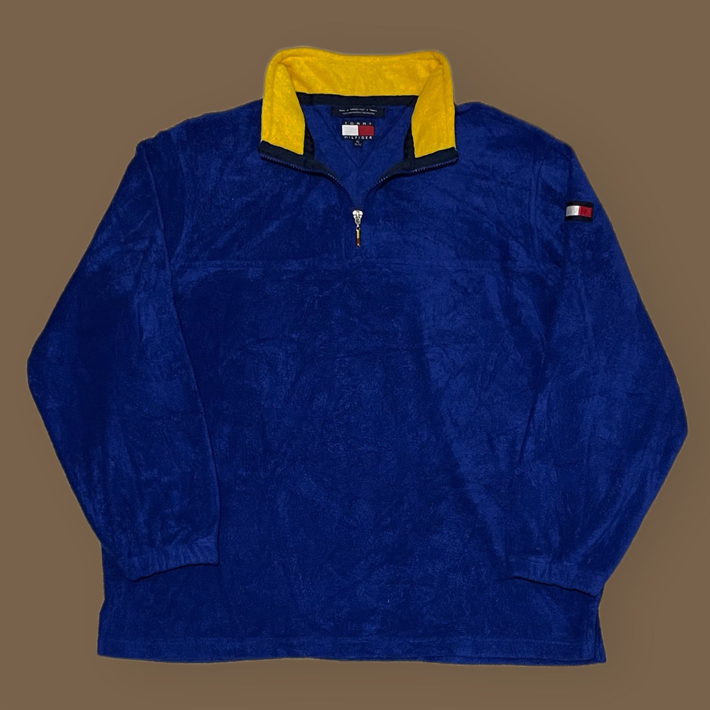 TOMMY HILFIGER BLUE 1990s FLEECE WITH YELLOW NECK DETAILS